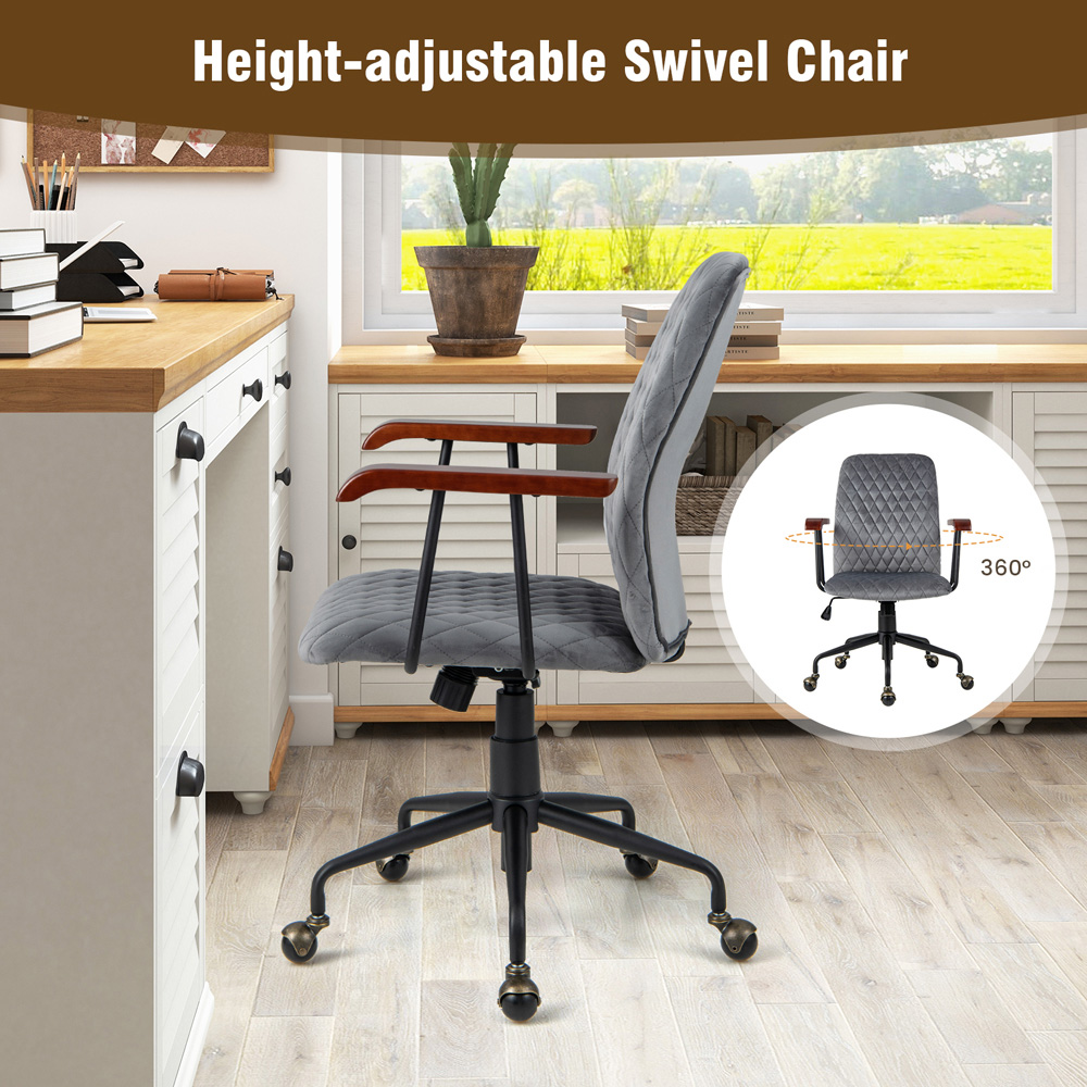 Costway Grey Velvet Adjustable Rocking Office Chair Image 6