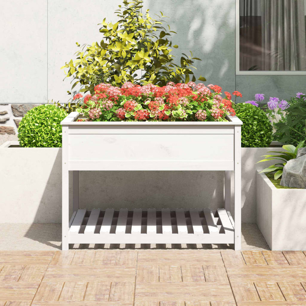 vidaXL White Solid Pine Wood Garden Planter with Shelf 81 x 111.5 x 111.5cm Image 2