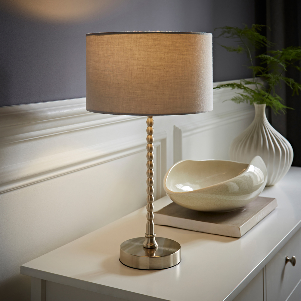 ValueLights Maeve Grey and Chrome Drum Shade Bobbin Bobble Table Lamp and LED Bulb Image 2