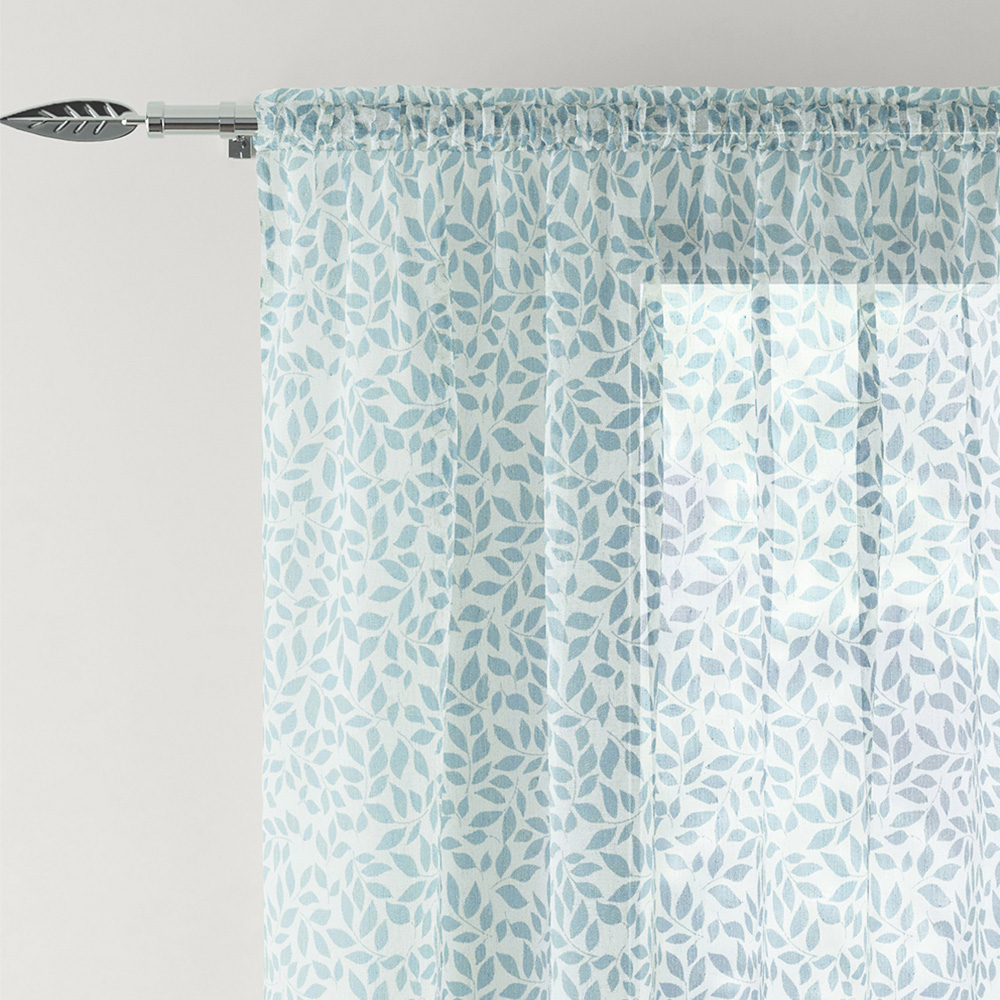 Tyrone Textiles Willow Blue Leaf Print Linen Look Rod Pocket Voile Panel Curtains 140 x 229cm Image 2