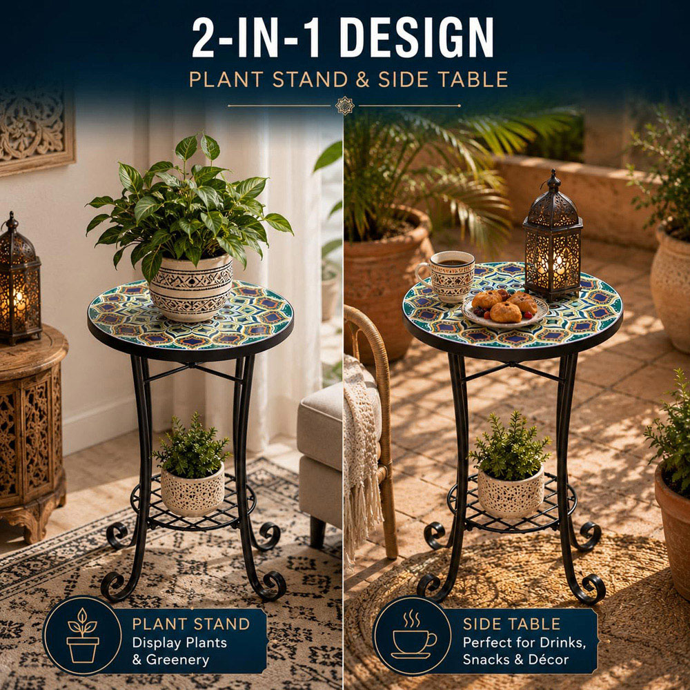 Shatchi Casablanca 2-in-1 Single Shelf Mosaic Ceramic Tile Top Plant Stand Side Table Image 8