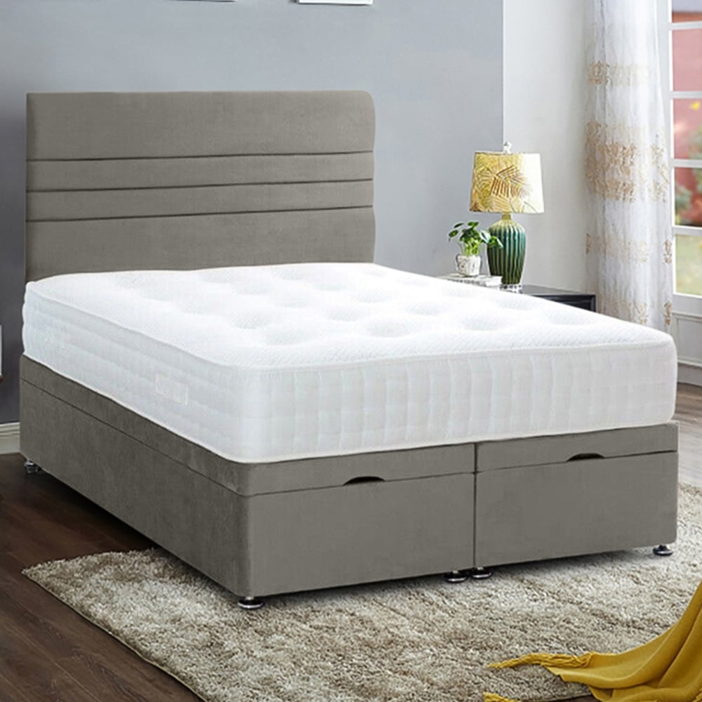 Eleganza Home Napster Super King Size Grey Plush Velvet Divan Ottoman Bed with Lined Headboard Image 1