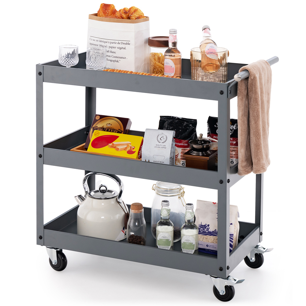 Costway 3 Shelf Grey Metal Utility Cart Image 3