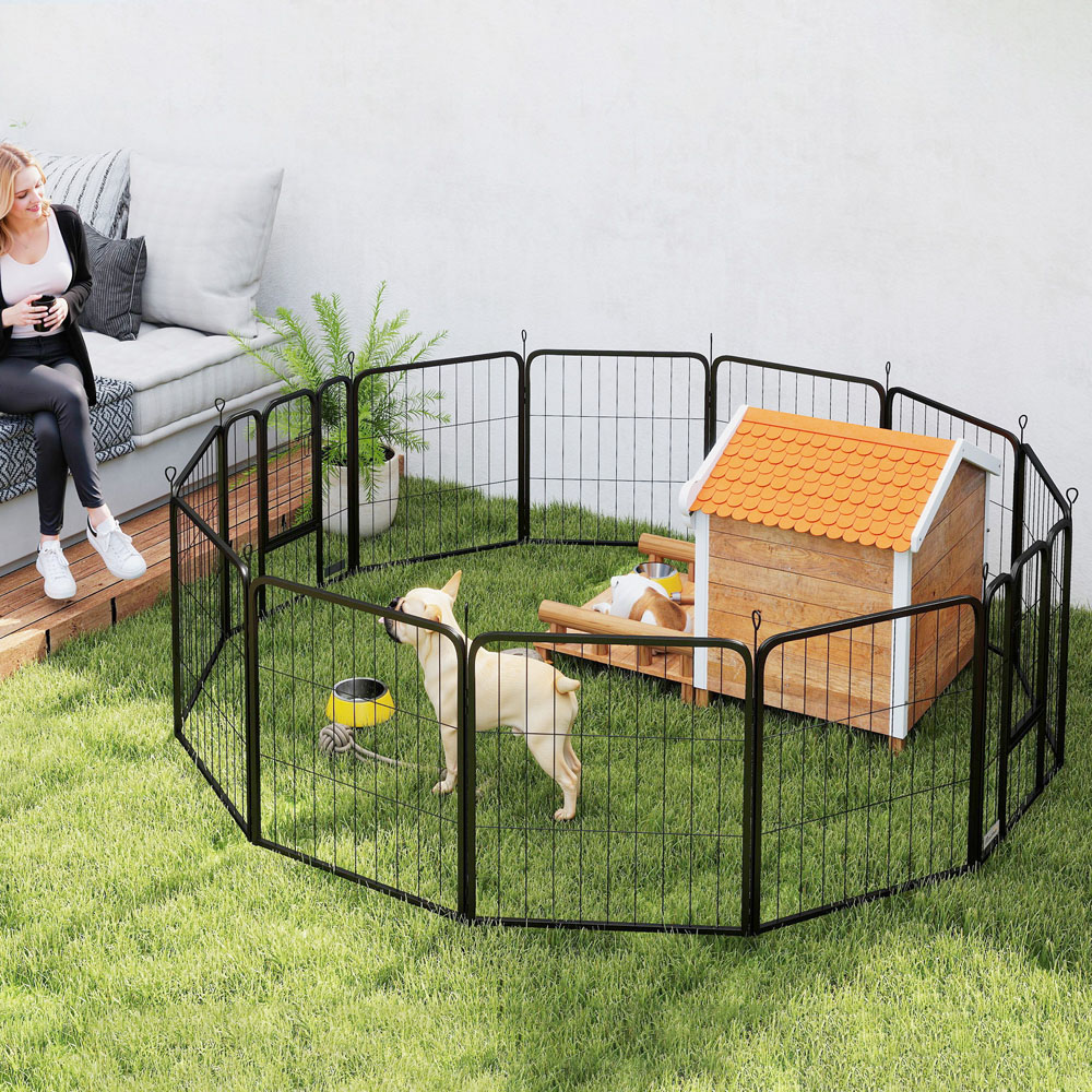 PawHut 12 Panel Black Medium Dog Pen Puppy Pen Image 2