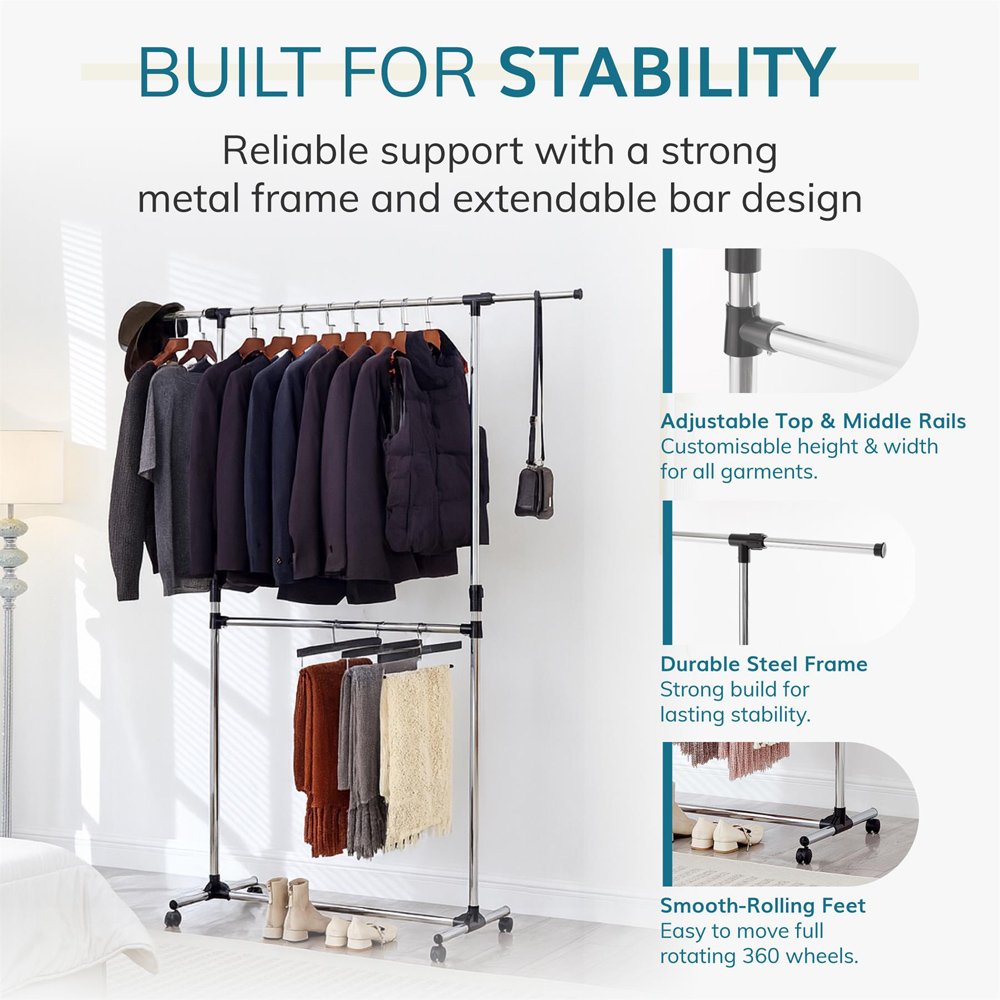 House Of Home Chrome Adjustable Double Clothes Rail Image 5