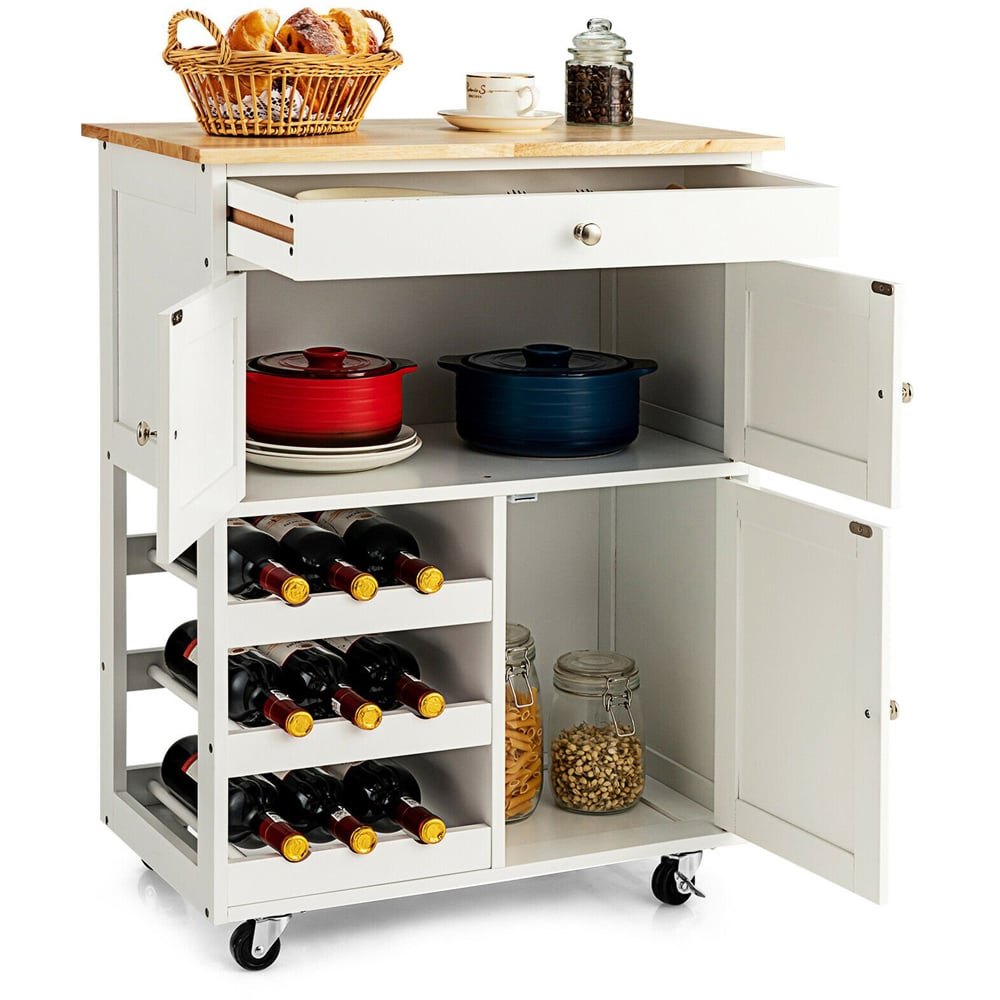 Costway White 3 Door Single Drawer and 3 Wine Racks Rolling Kitchen Cart Image 5