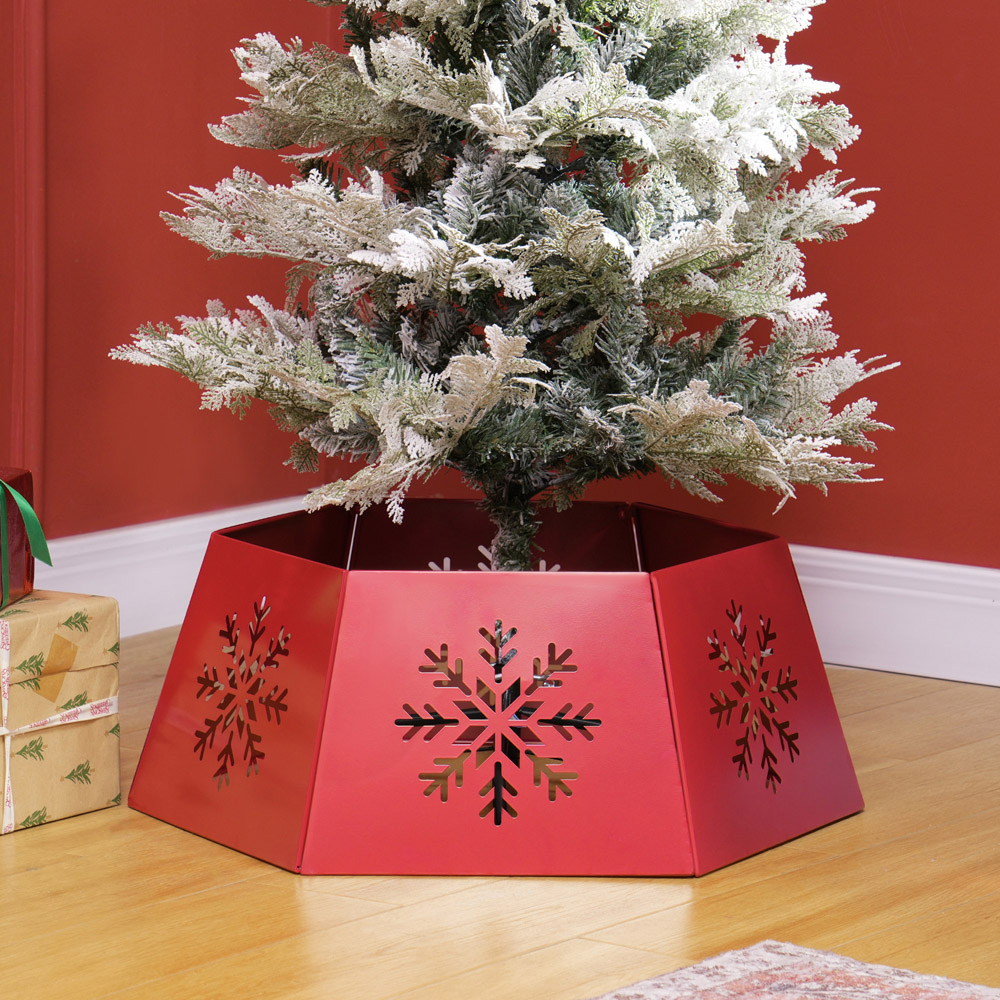 Everglow Red Hollow Snowflake Pattern Hexagon Christmas Tree Base Cover Image 2