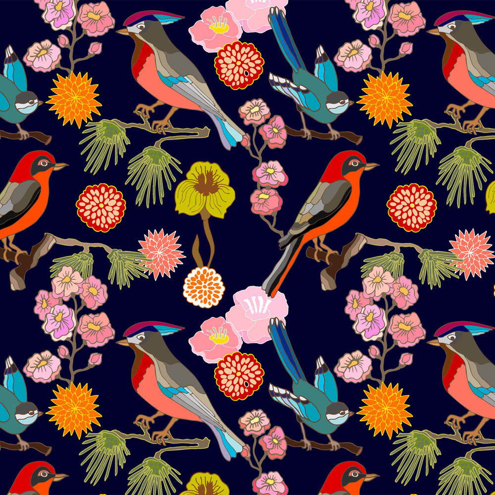 Origin Murals Floral Birds Blue Wall Mural Image 2