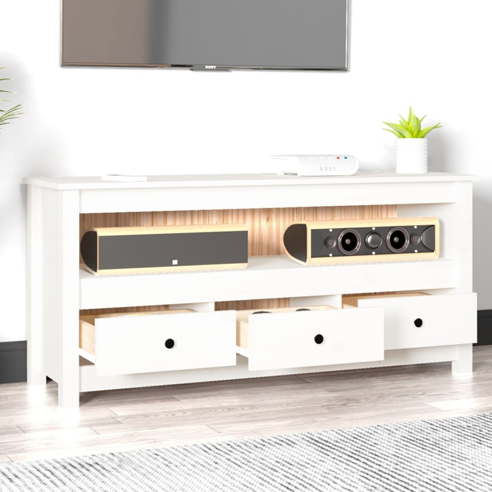 vidaXL 3 Drawer Single Shelf White Solid Pine Wood TV Cabinet Image 1