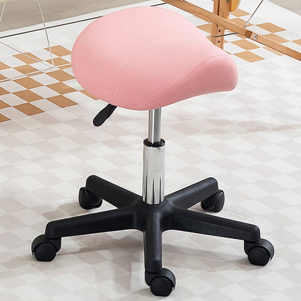 Portland Pink Adjustable Rolling Salon Saddle Stool Image 1
