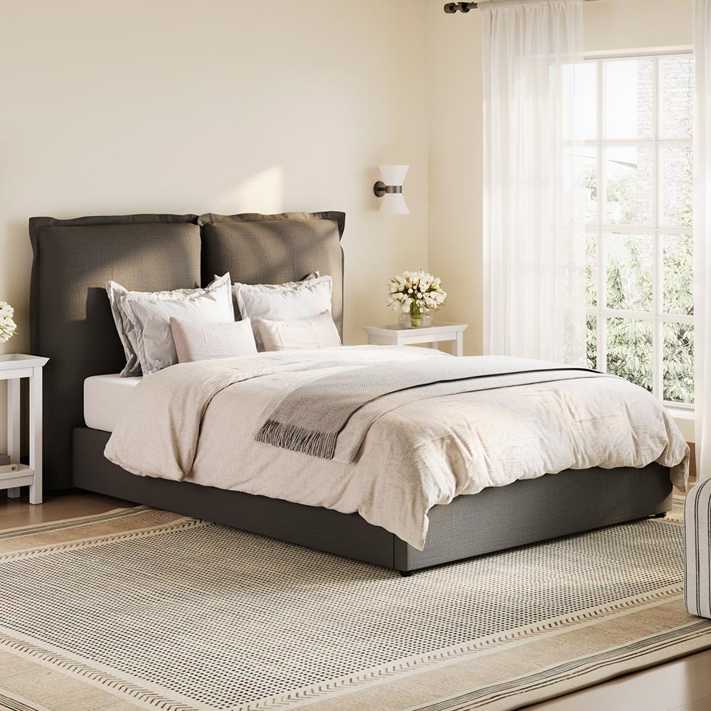 LPD Home Sunday Deep Grey Double Linen Blend Fabric Bed with Pillow-Style Headboard Image 1