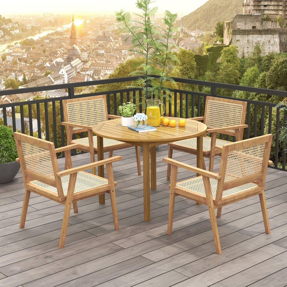 Costway Teak Wood Rattan Dining Chair Image 6