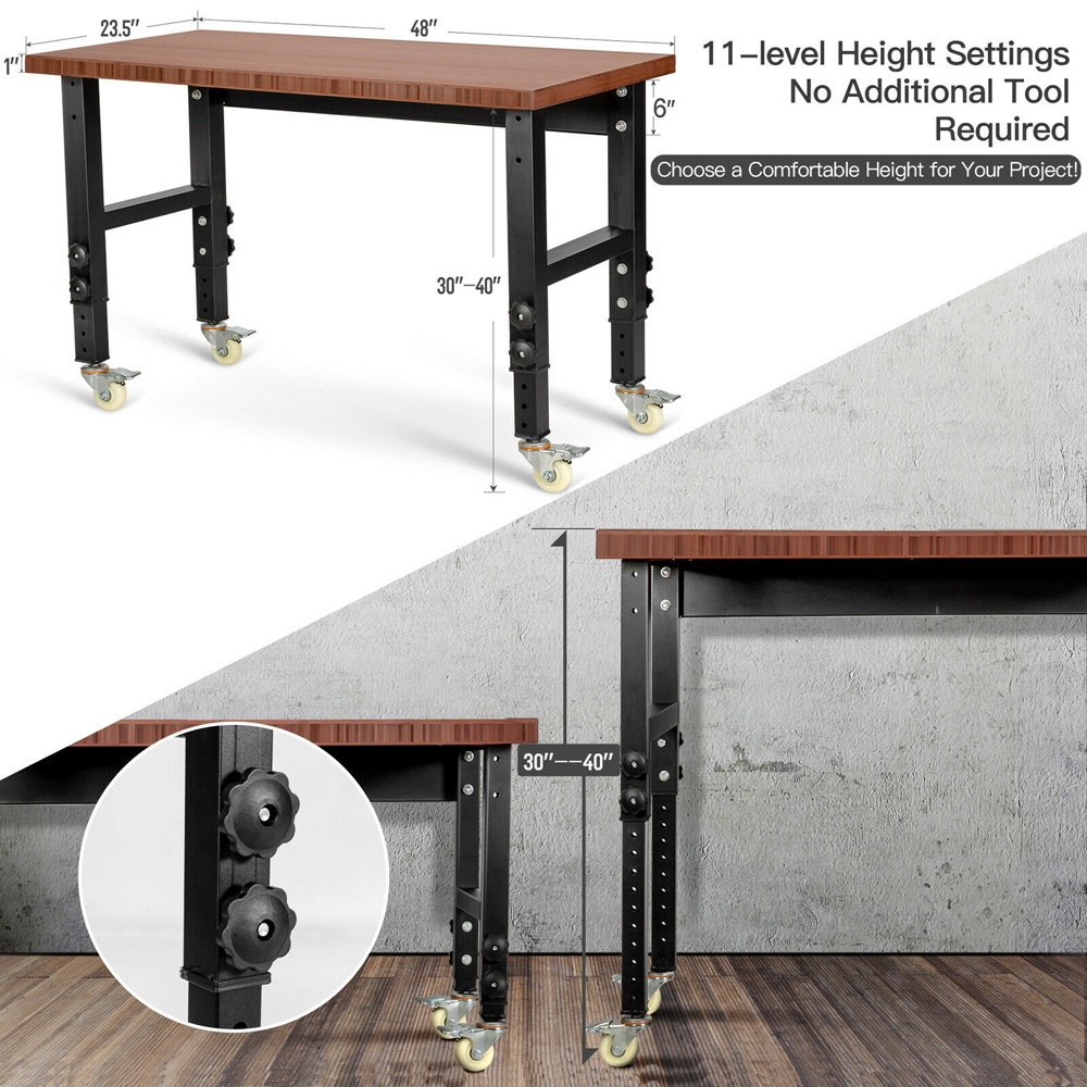Costway Brown 10 Level Adjustable Workbench with 4 Lockable Casters Image 8