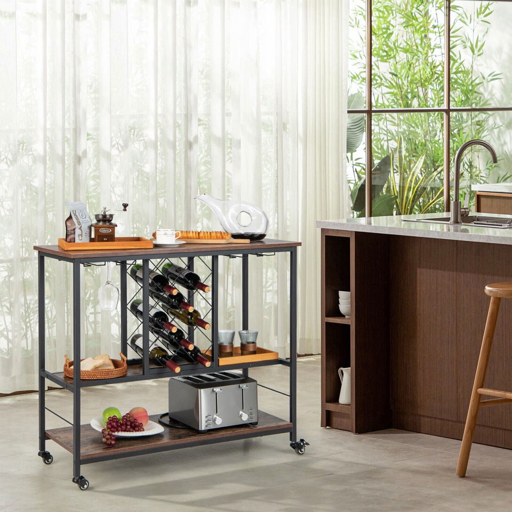 Costway 3 Shelf Rustic Brown Industrial Rolling Bar Cart with Wine Rack