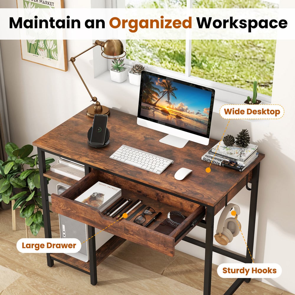 Costway Single Drawer 2 Shelf Industrial Home Office Desk Rustic Brown Image 6