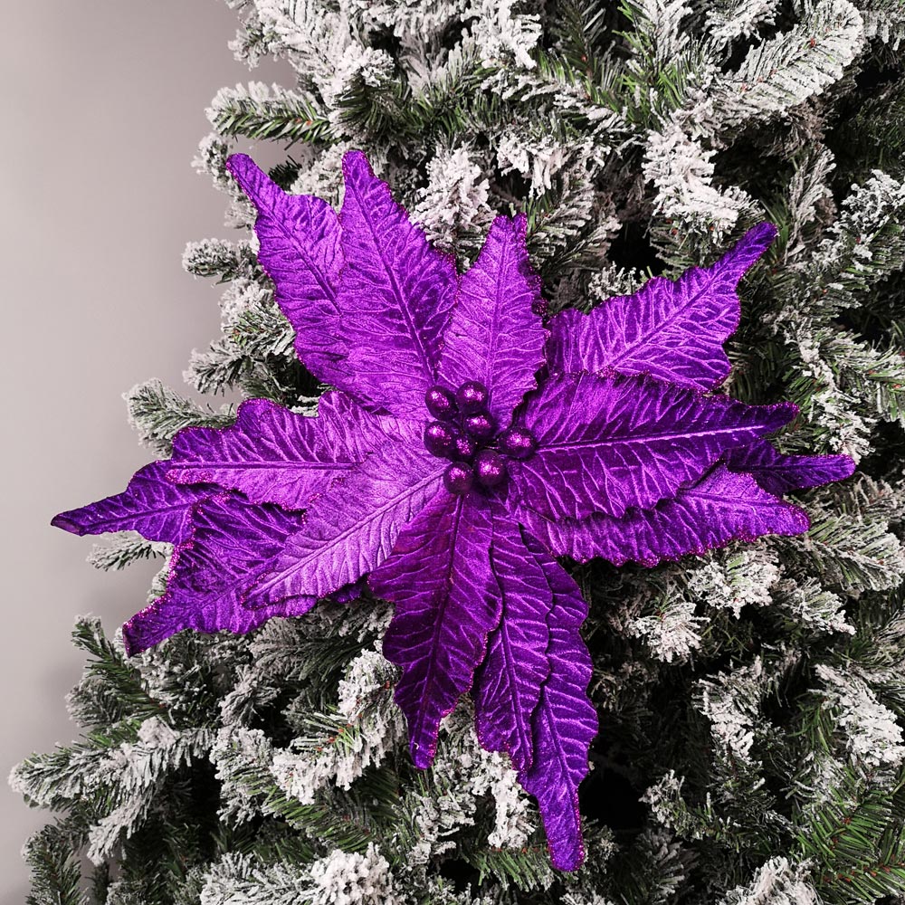 Samuel Alexander Purple Velvet Glitter Poinsettia Stem Christmas Decoration 76cm Image 2