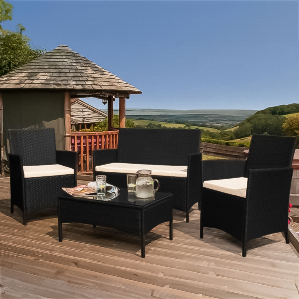 Brooklyn 4 Seater Black Rattan Sofa Chair and Table Set Image 1