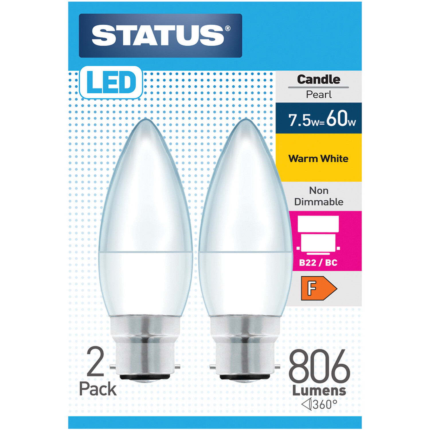 Pack of 2 Status LED 7.5W Candle Pearl Lightbulbs - Bayonet Cap / BC Image 1