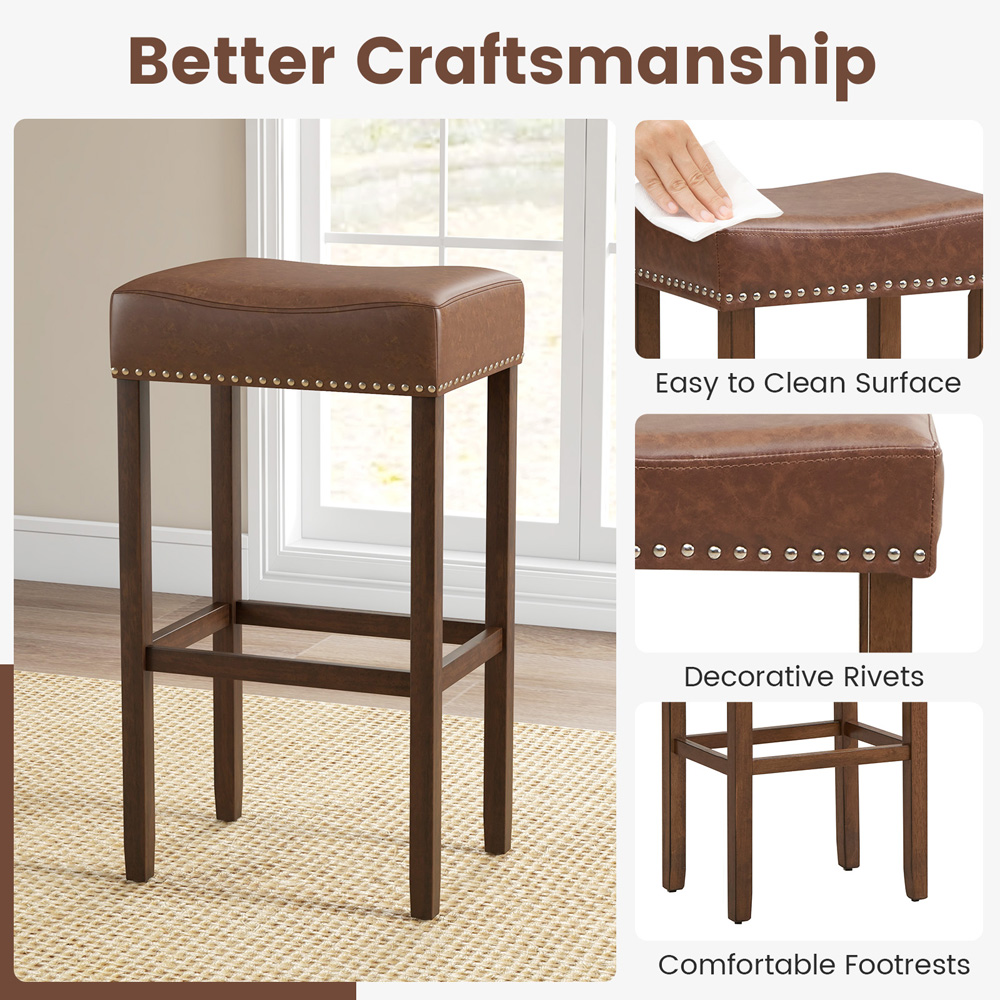 Costway Brown PU Leather Upholstered Bar Stool Set of 2 Image 7