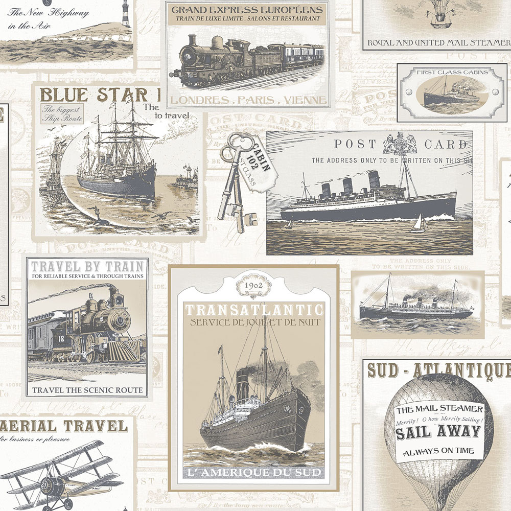Galerie Nostalgie Travel Postcards Beige and Grey Wallpaper Image 1