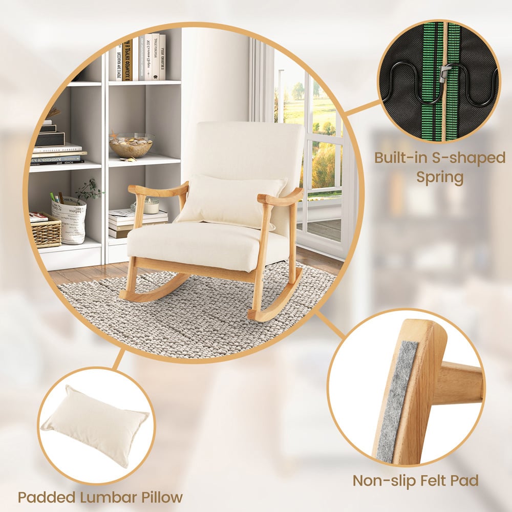 Costway Beige Upholstered Rubber Wood Frame Rocking Chair Image 6