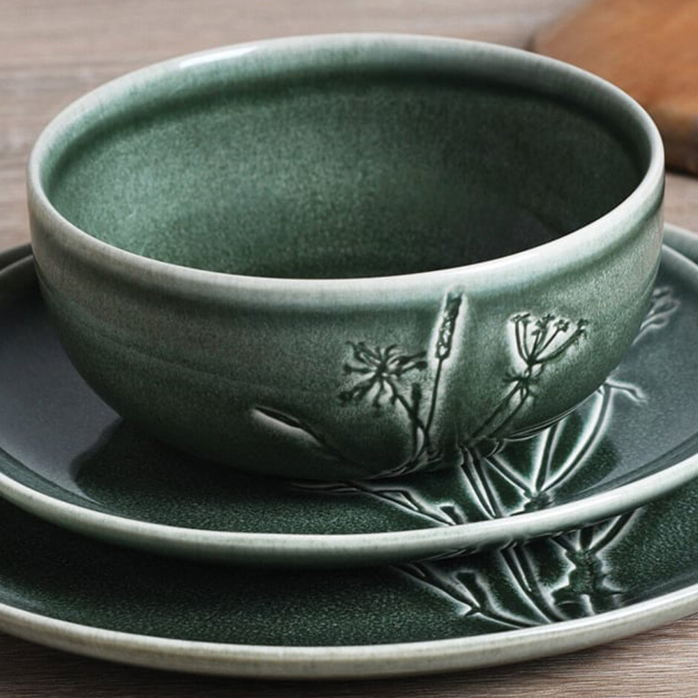 12 Piece Sage Embossed Decal Dinner Set - Green Image 3