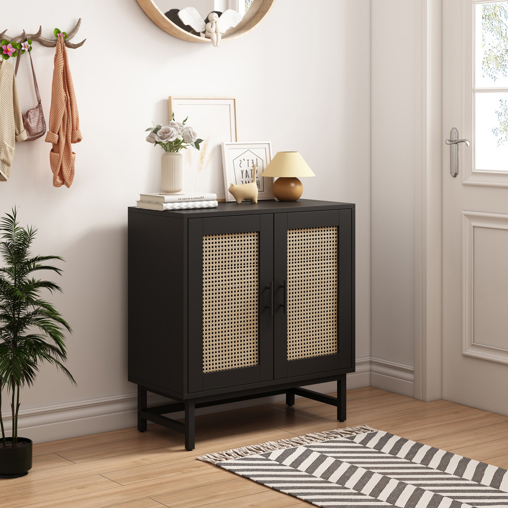 FurnitureHMD 2 Door Black Rattan Wooden Storage Cabinet with Metal Legs Image 8