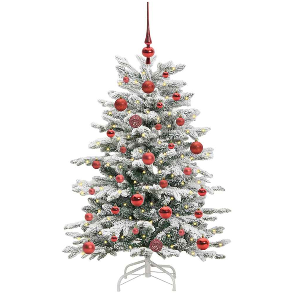 vidaXL Pre-Lit Red Baubles White Artificial Snow Flocked Christmas Tree 4ft Image 1