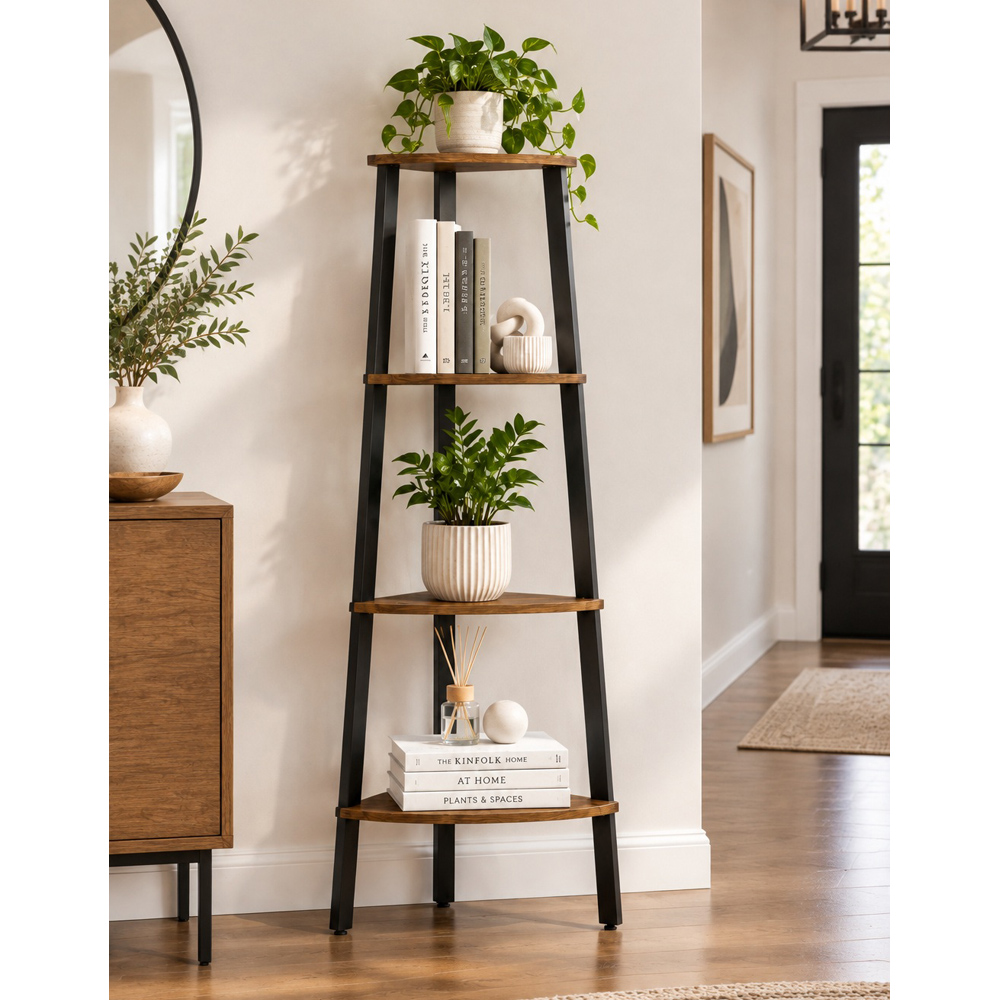 Modcraft 4 Shelf Rustic Brown Industrial Style Corner Bookshelf Image 3