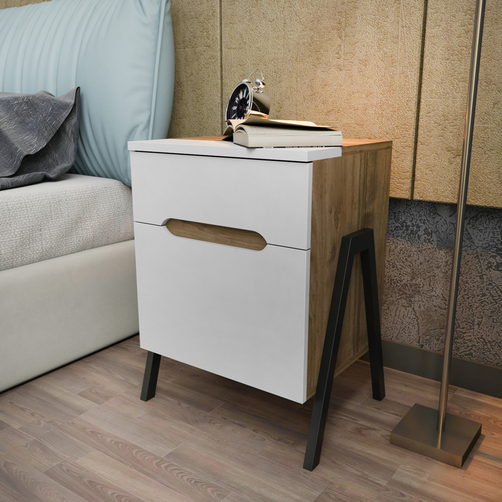 Decorotika Neva Single Door Single Drawer Walnut White and Black Side Table Image 4