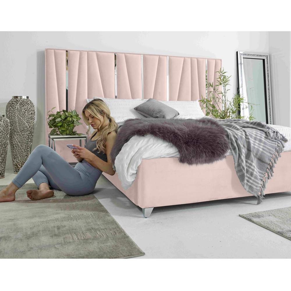 Eleganza Mila King Size Pink Plush Velvet Bed Frame with Lined Headboard Image 6
