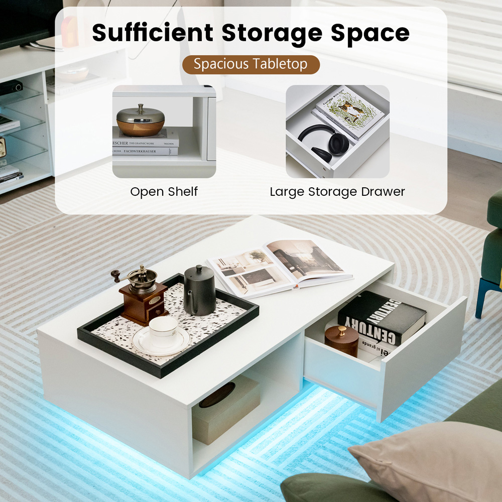Costway Single Drawer Single Shelf White Coffee Table with RGB Light Image 6
