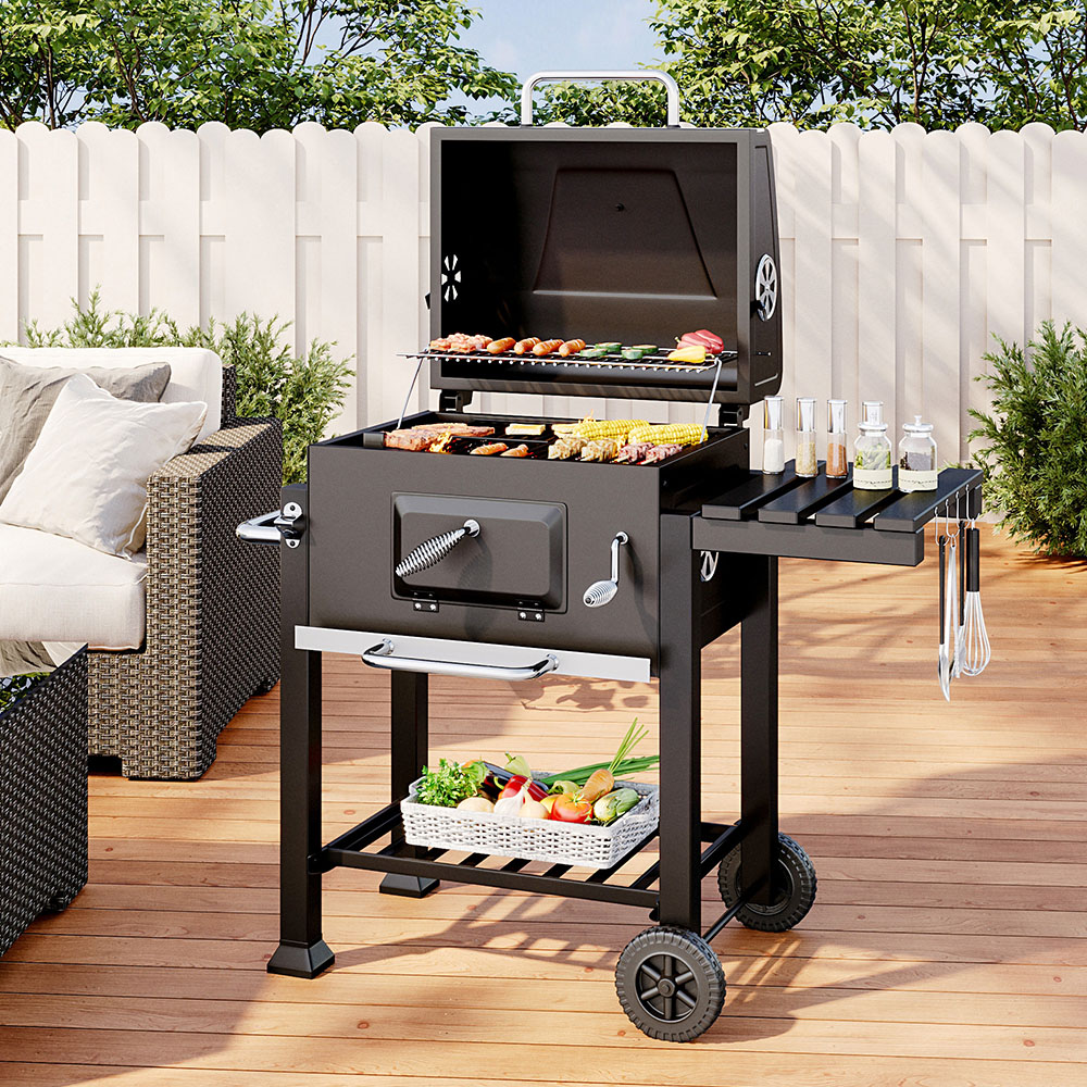 Living and Home Black Charcoal BBQ Grill with Portable Trolley Image 2