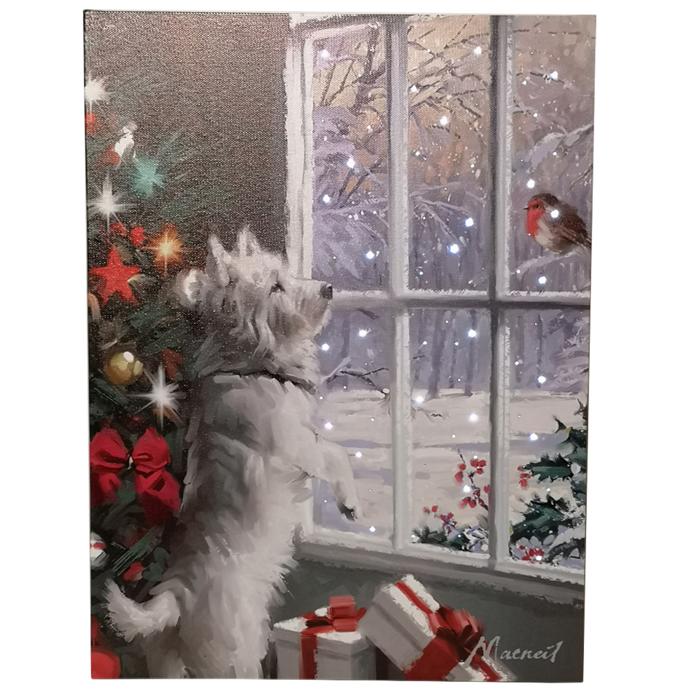 Samuel Alexander Snowtime Festive Dog and Robin Christmas Light Up Wall Art 30 x 40cm Image 1