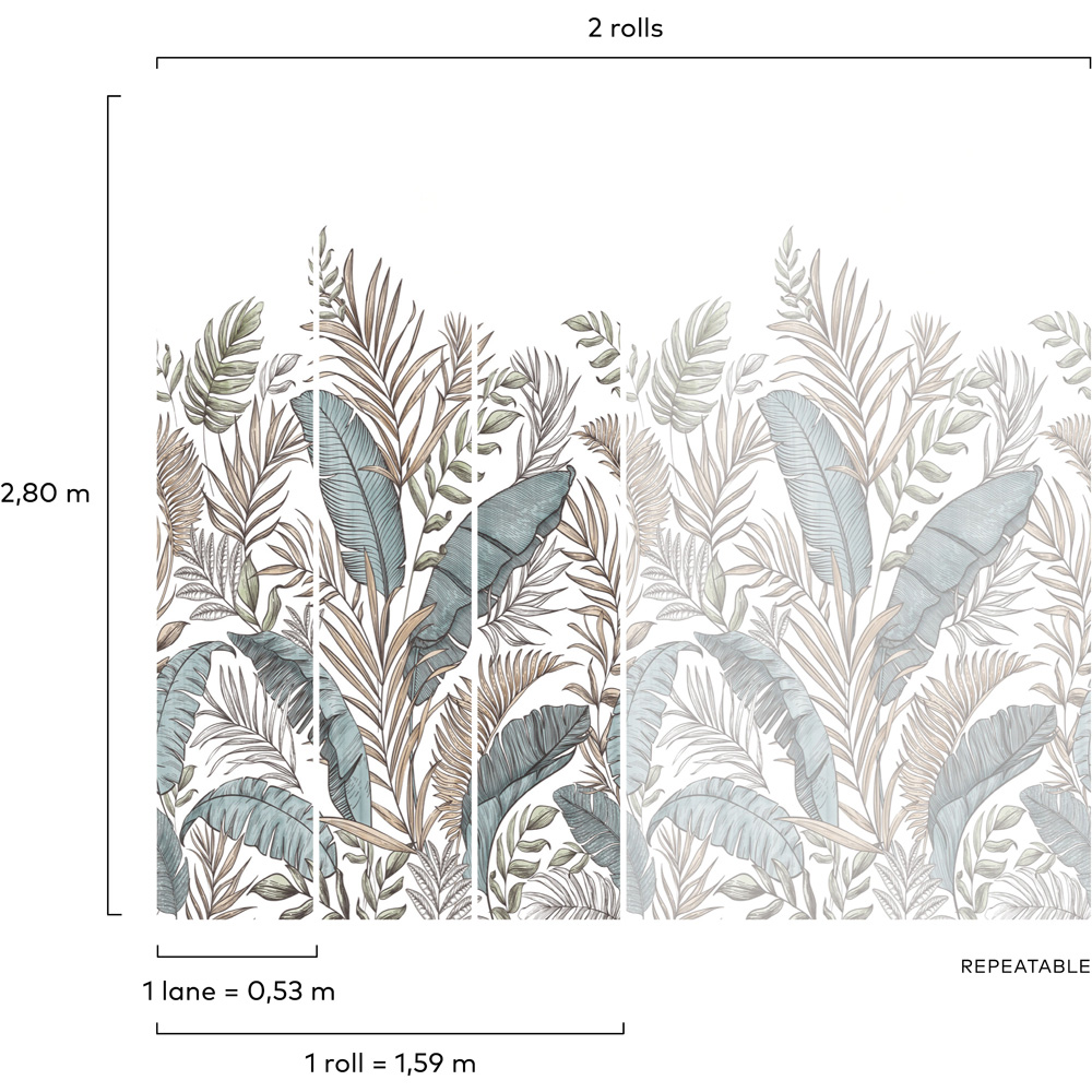 Grandeco Calobra Botanical Jungle Leaf Green and Russet 3 Lane Wall Mural Image 4