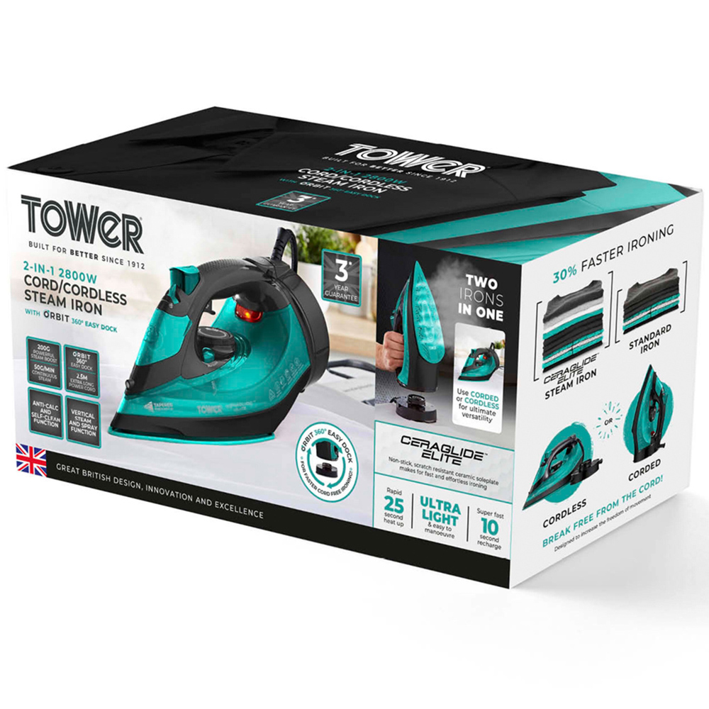 Tower Ceraglide Black and Teal Cord and Cordless Iron 2800W Image 2