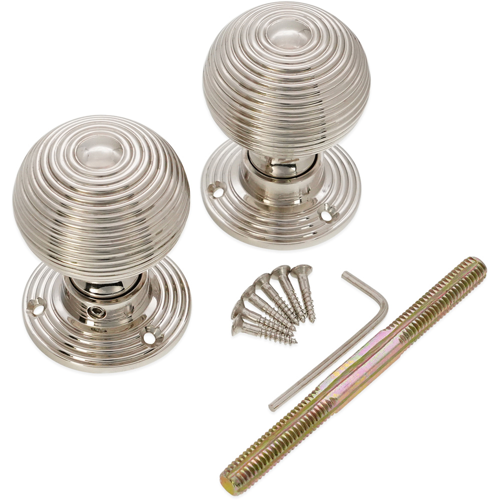 Spira Brass Polished Nickel Ribbed Rim and Mortice Door Knob 2 Pack Image 4