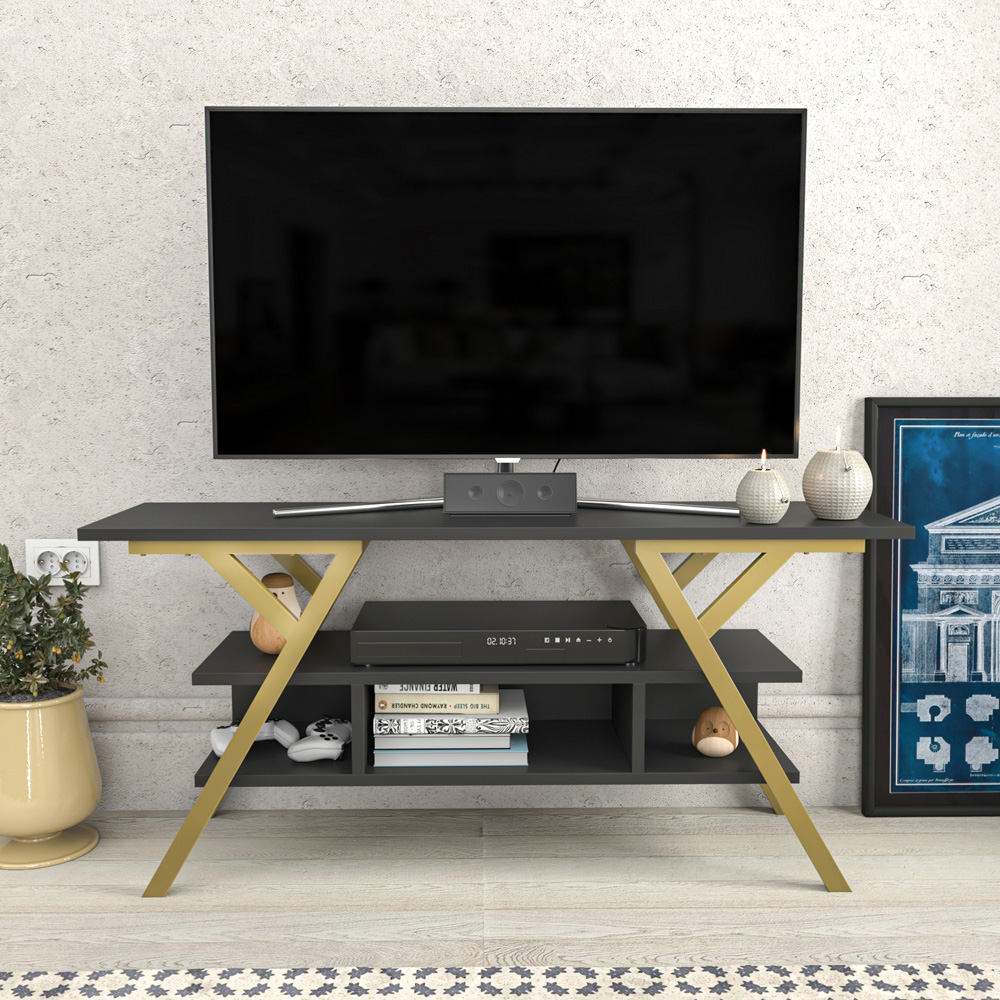 Decorotika Minerva Decorative 4 Open Shelf Gold and Anthracite TV Unit Image 4