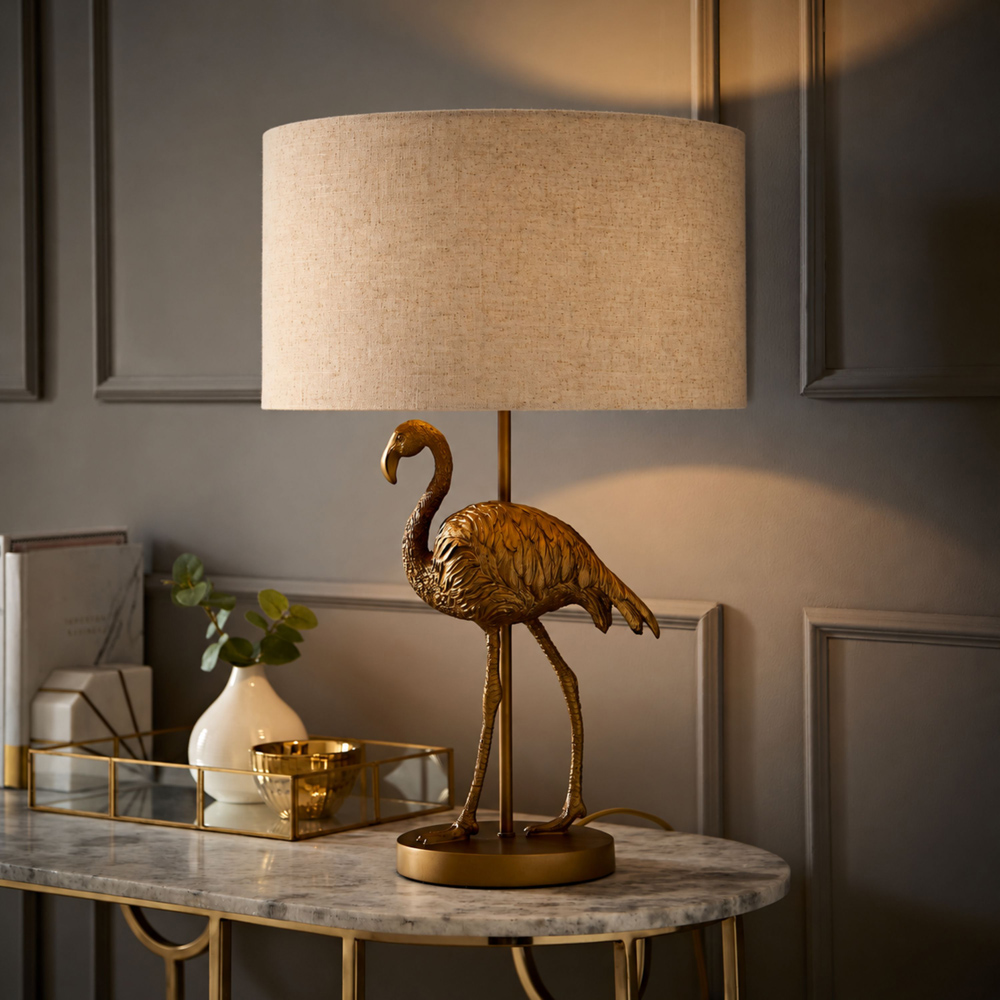 ValueLights Flo Flamingo Linen Drum Shade Brushed Bronze Table Lamp with Bulb Image 2