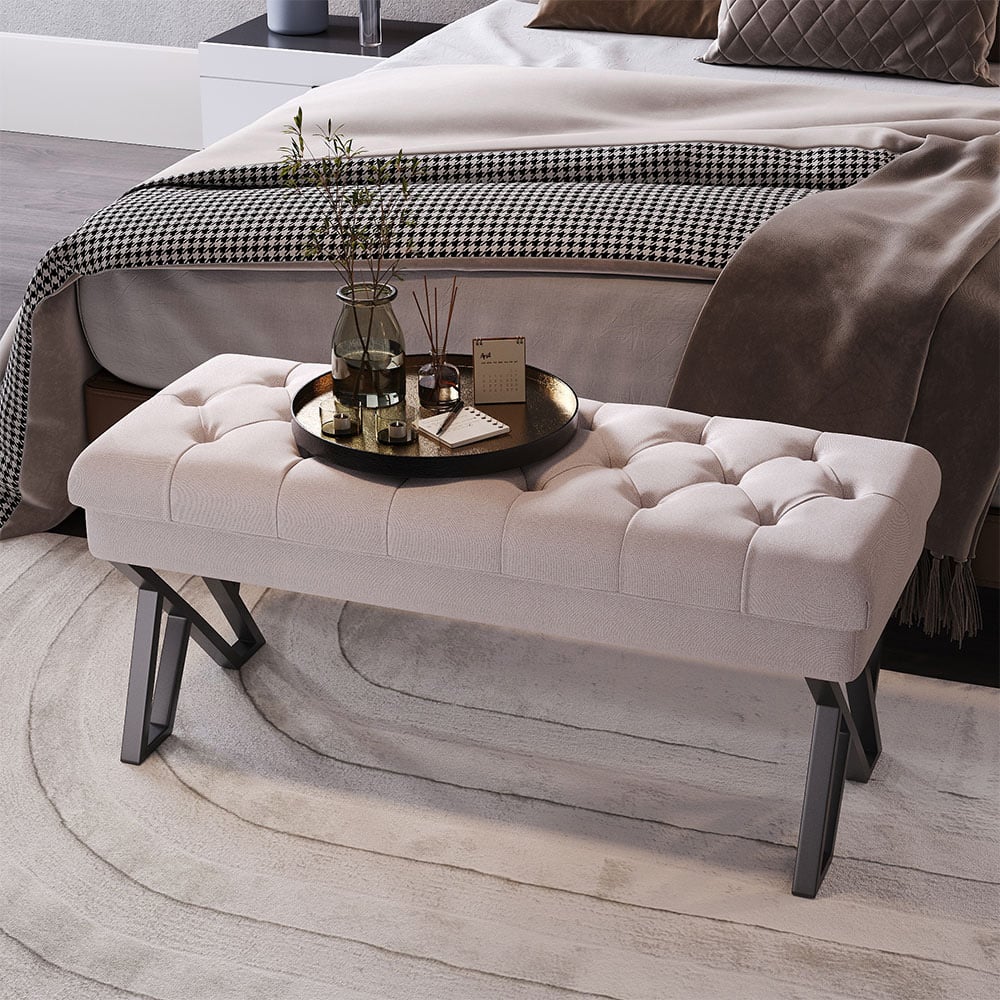 Living and Home Cream Mid Century Metal Upholstered Bench Image 8