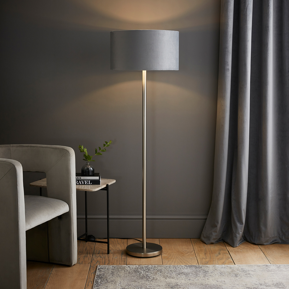 ValueLights Charlie Grey Velvet and Metallic Shade Chrome Floor Lamp and Bulb Image 2