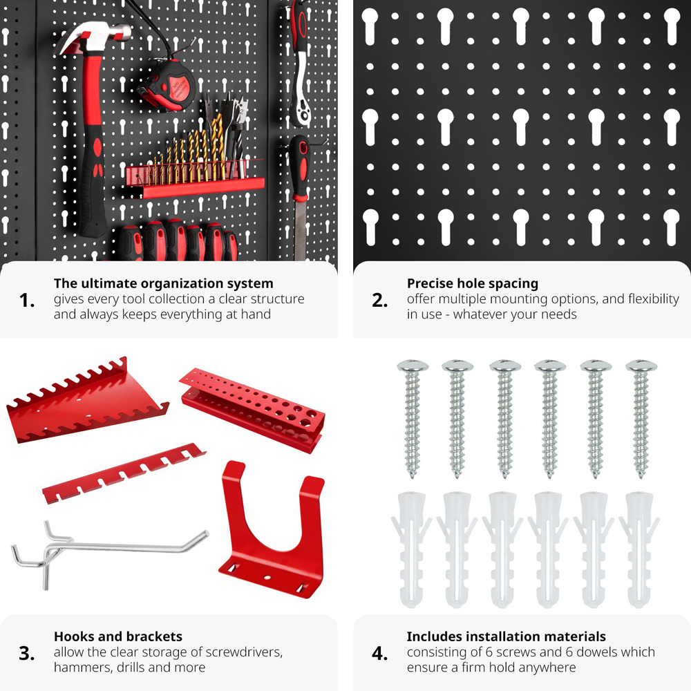 Tectake Black and Red Pegboard with 25 Hooks and Brackets Image 3