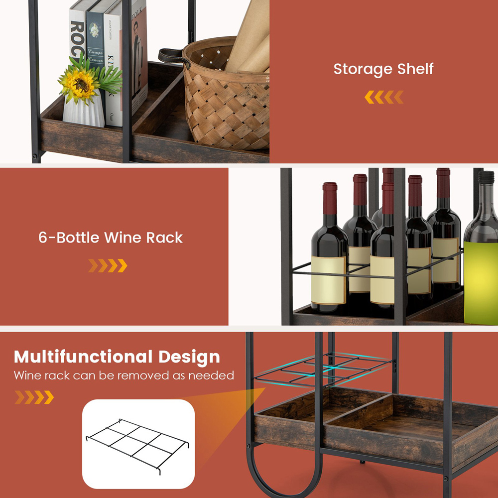 Costway Rustic Brown Rolling Buffet Serving Bar Cart Image 6