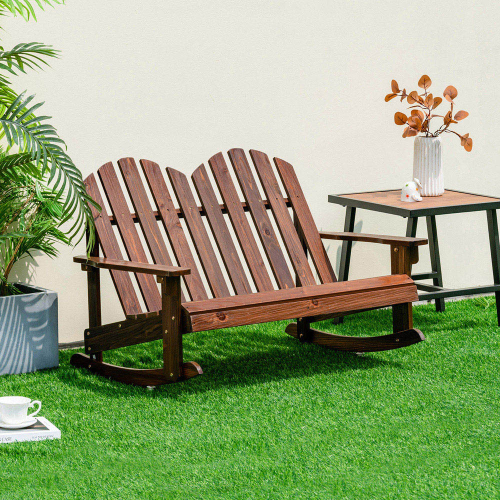 Costway 2 Seater Rustic Brown Kids Rocking Adirondack Chair Bench Image 4