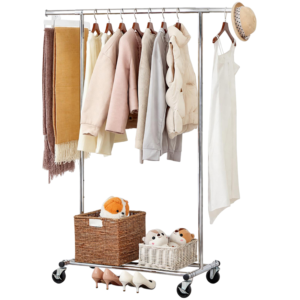 House Of Home Single Shelf Chrome Heavy-Duty Adjustable Rolling Clothes Rail Image 1