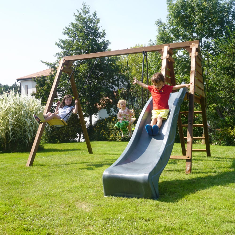 Soulet Trefle Kids Wooden Triple Swing Set with Slide Image 2