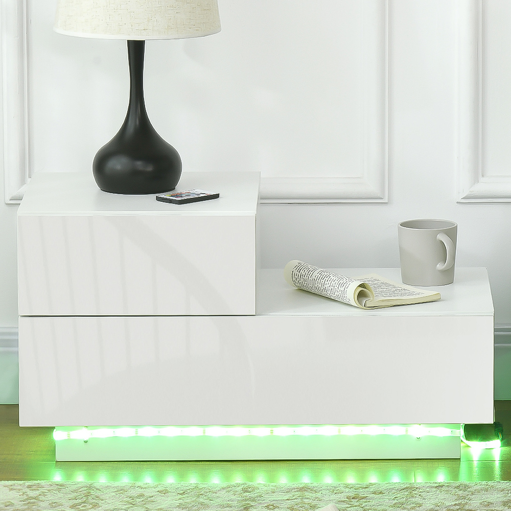 Portland 2 Drawers White High Gloss Bedside Table with LED and Remote Image 1