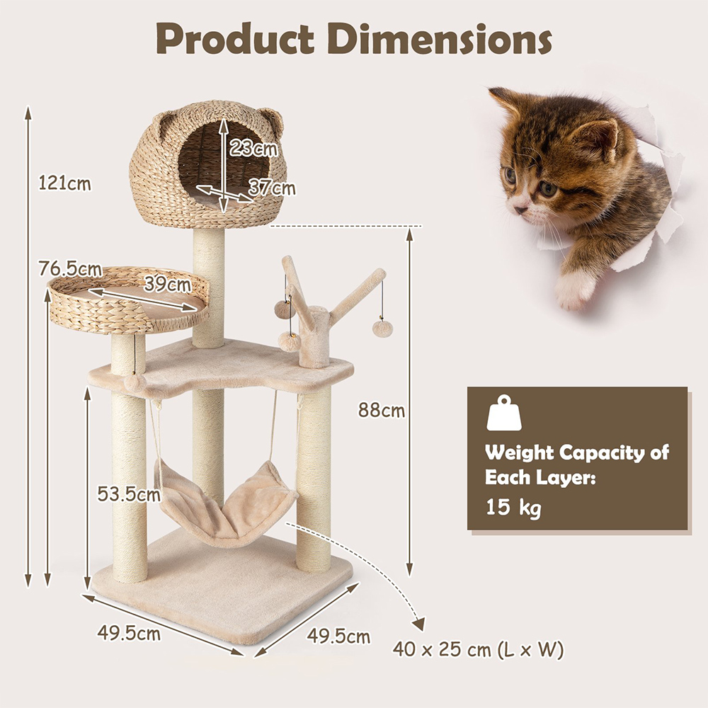 Costway 121cm Natural Cat Tree Scratcher with Cattail Fluff Condo Image 9