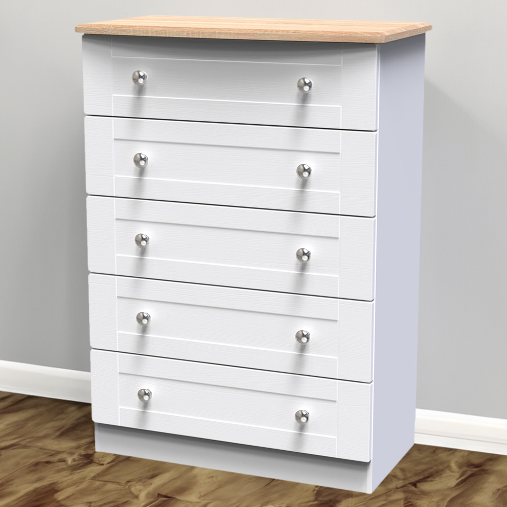 Crowndale Sussex 5 Drawer White Ash and Bardolino Oak Chest of Drawers Ready Assembled Image 1