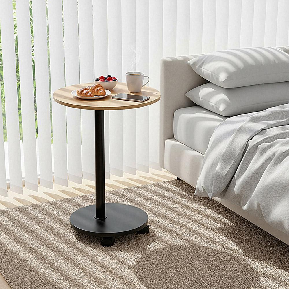 Living and Home Natural Wood Round Side Table with Lockable Castors Image 7